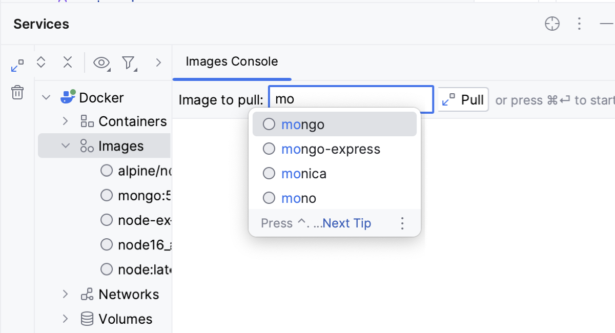 Docker tool window: pull image
