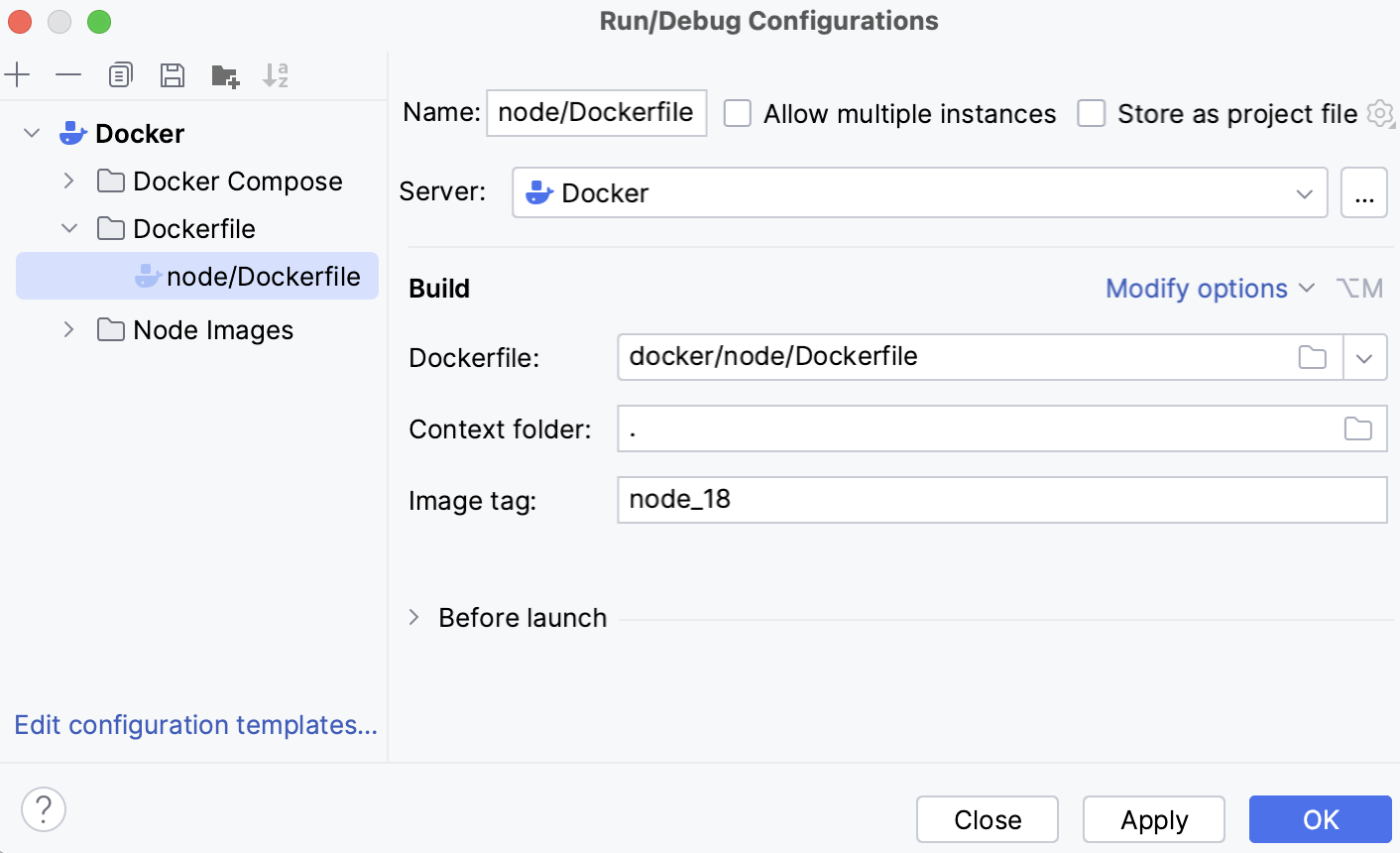 Dockerfile run configuration dialog