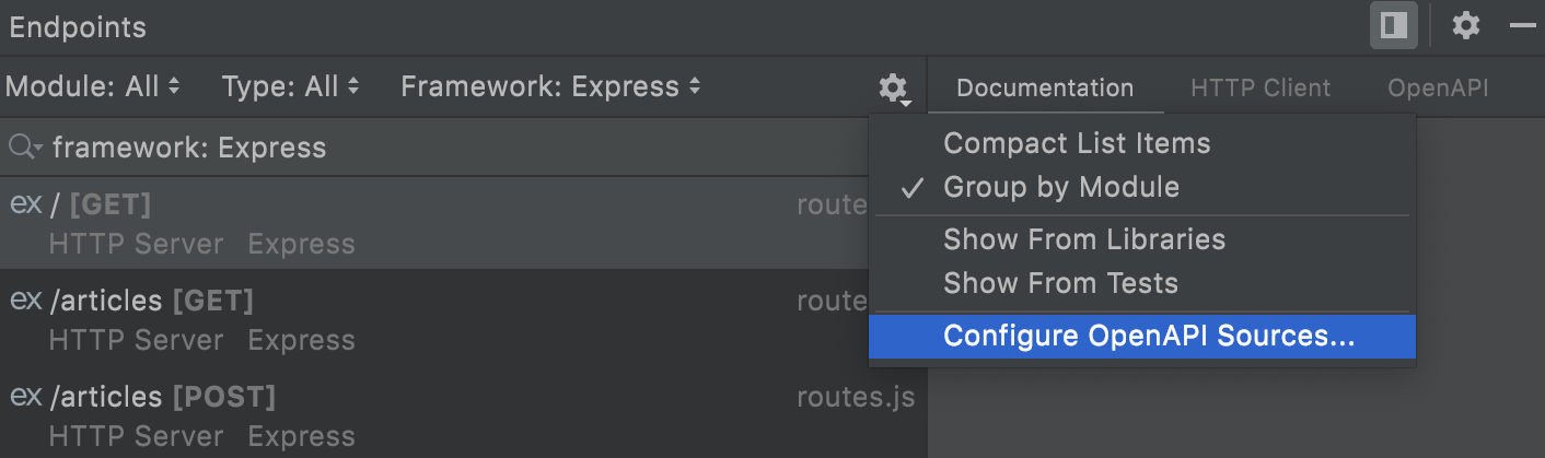 Options of the Endpoints tool window