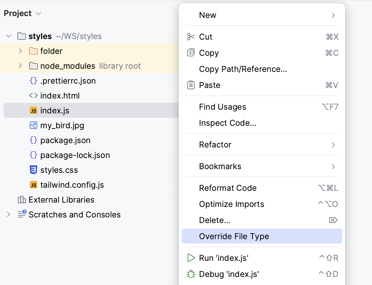 Exclude a file from project: override file type