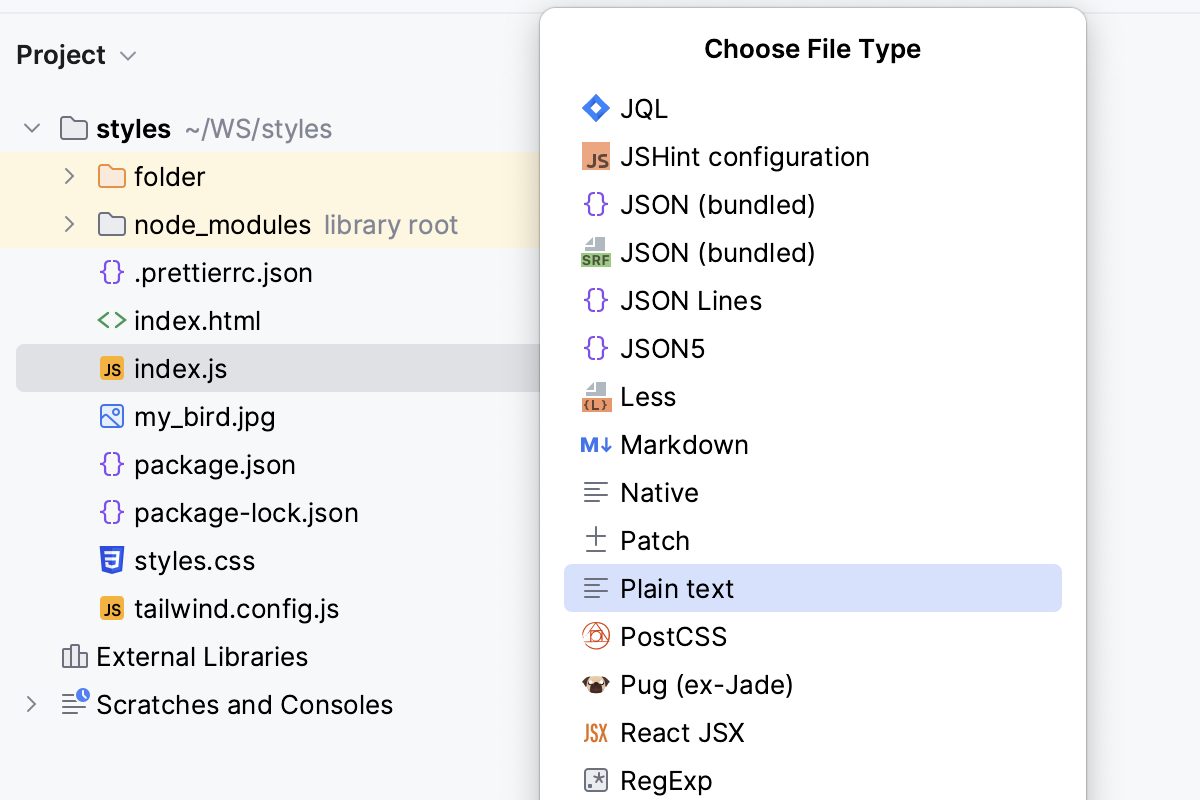 Exclude a file from project: select file type