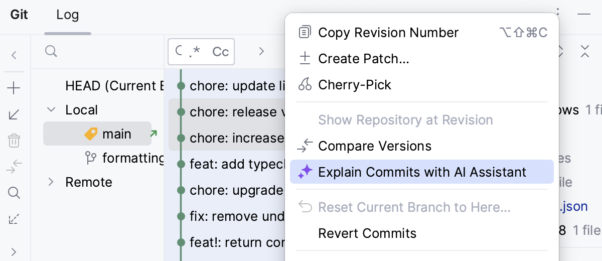 Explain Commit with AI Assistant option in VCS log