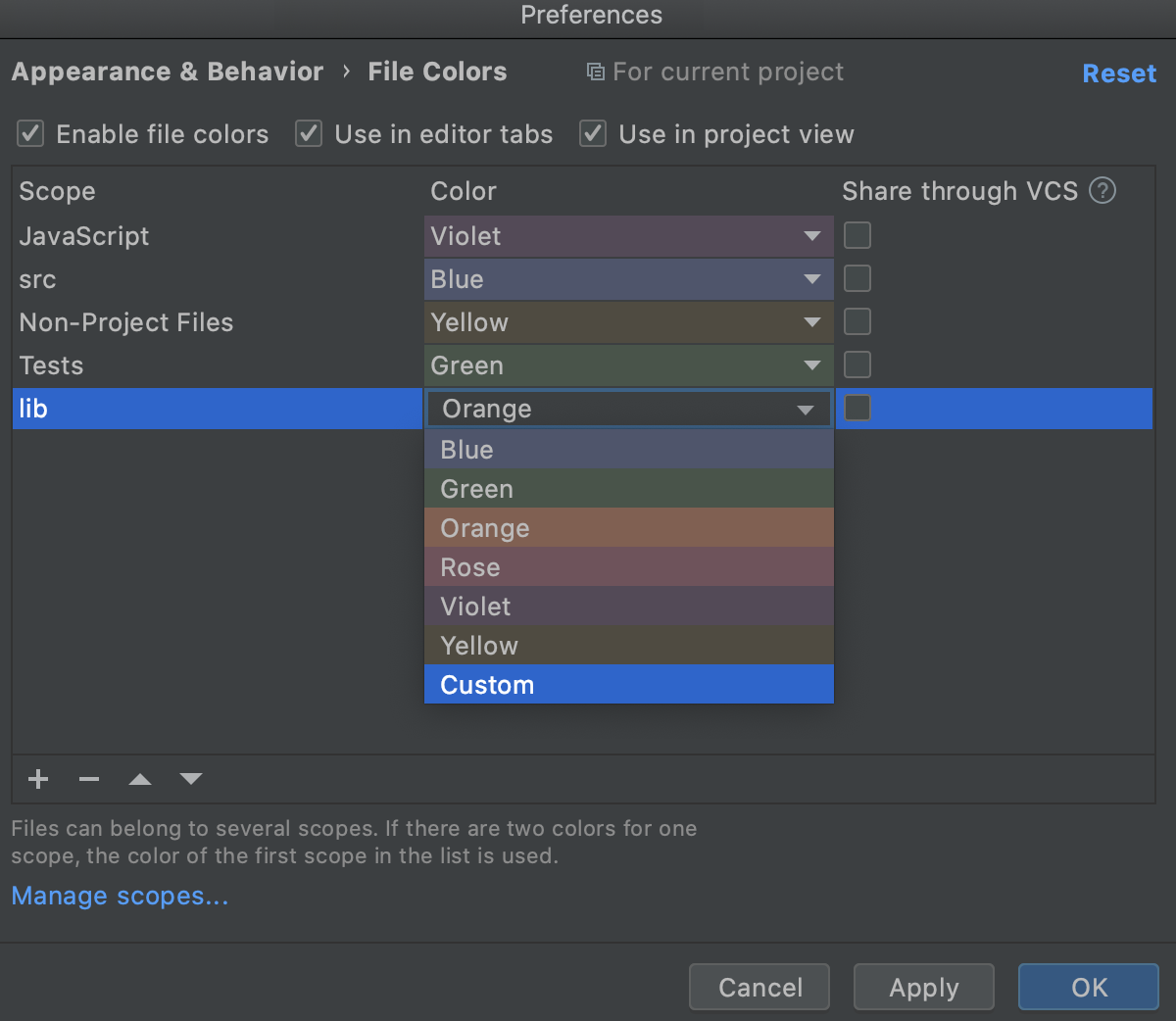 Selecting a color for a custom scope