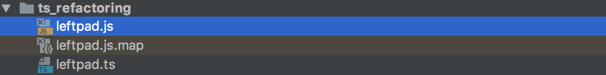 A typescript file leftpad.ts with a compiled JavaScript file leftpad.js
                 and a generated source map file leftpad.js.map shown at the same level