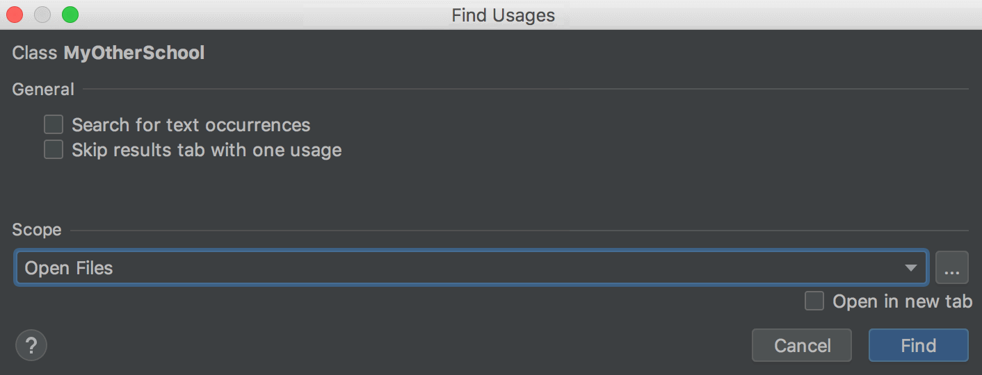 Find Usages dialog (settings for Find Usages)