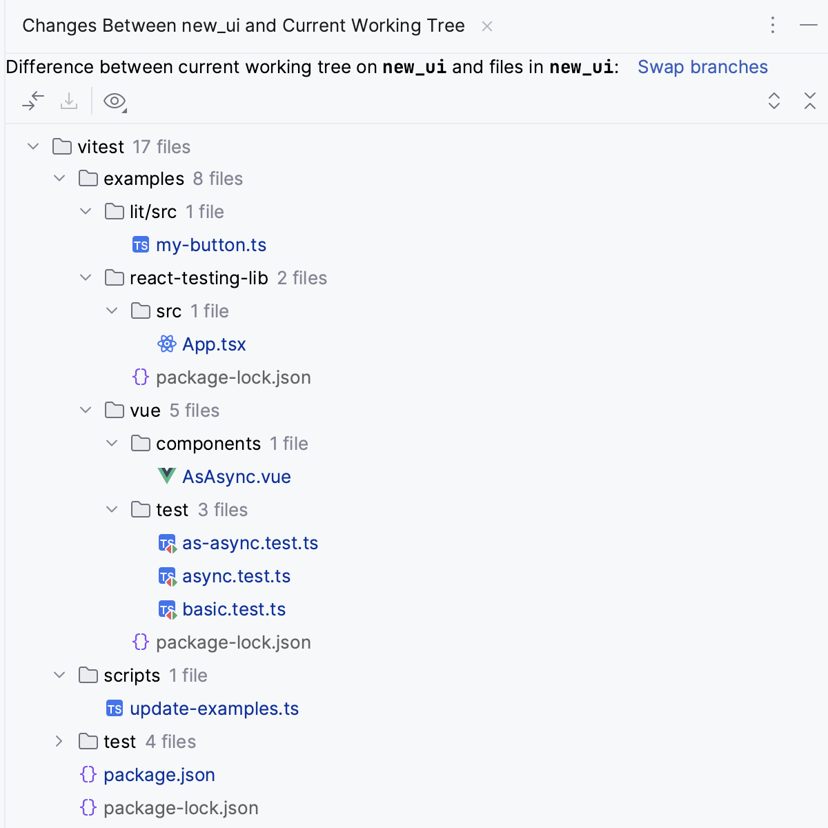 Show diff between selected branch and current working tree