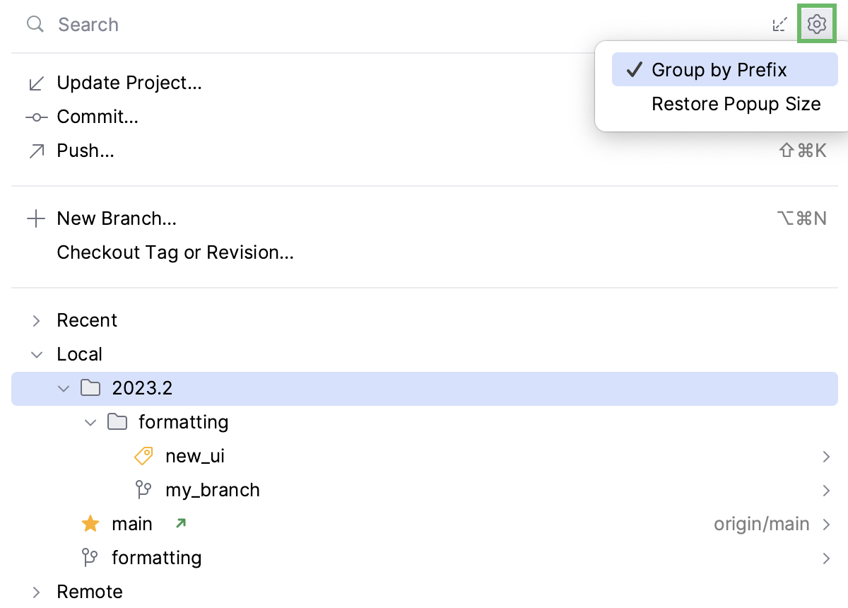 Group by Prefix option in the Branches popup