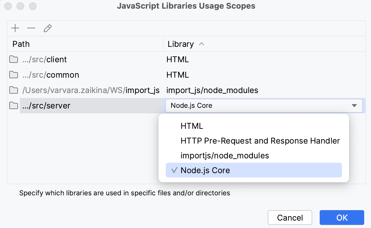 Specify scope: Node.js Core library selected