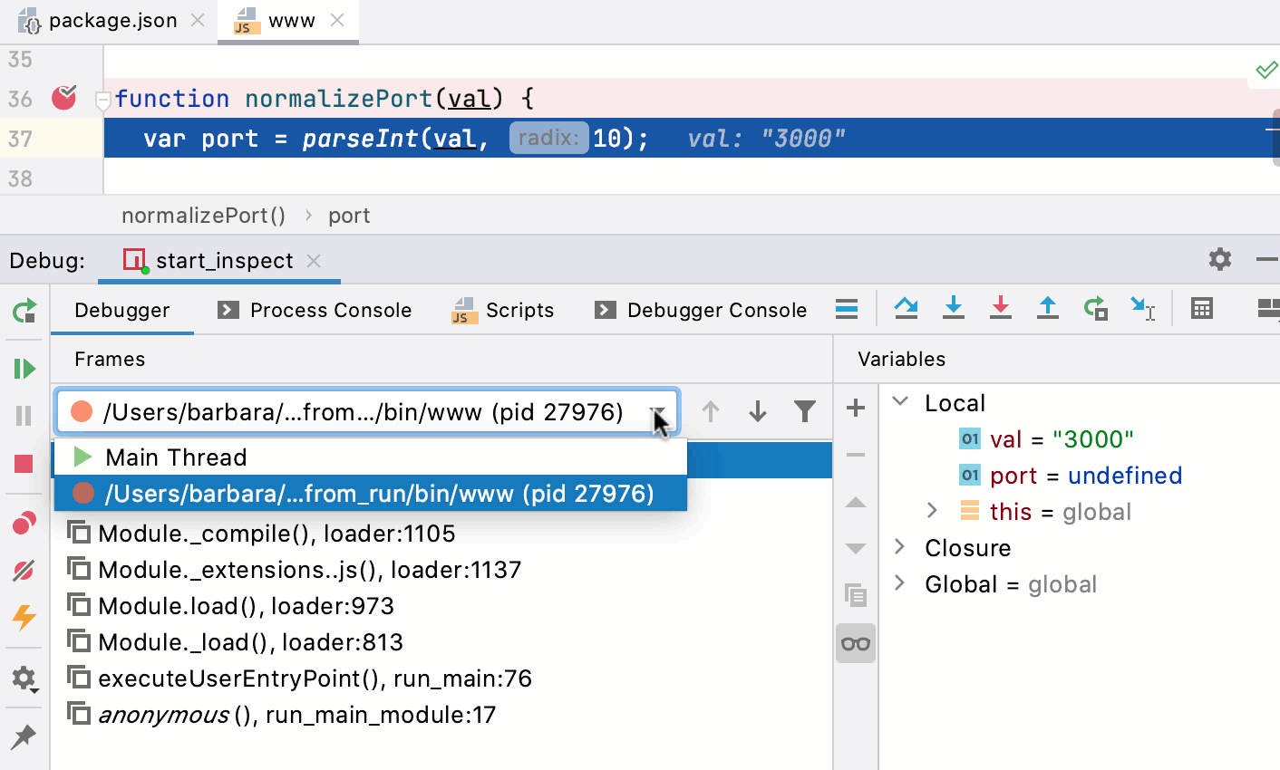 Debugging a script: Debug tool window