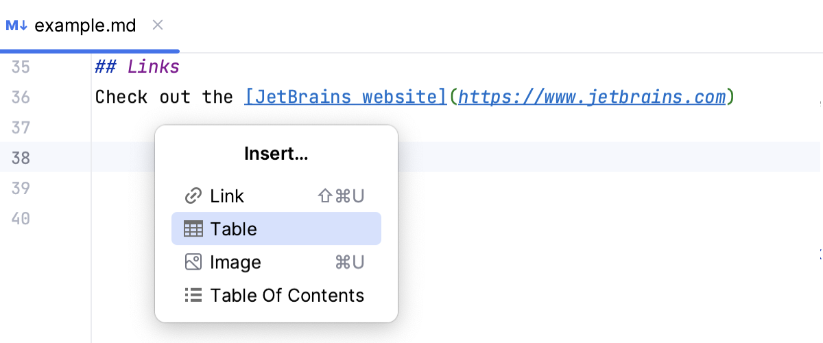 Insert a table in a Markdown file