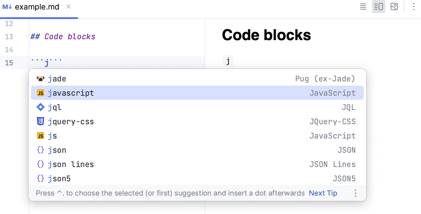 Markdown completion in fenced code blocks: select language