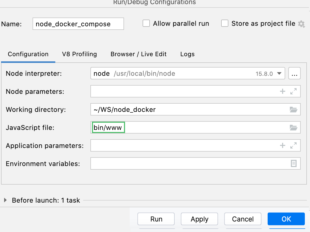 Node.js run/debug configuration: JavaScript file specified