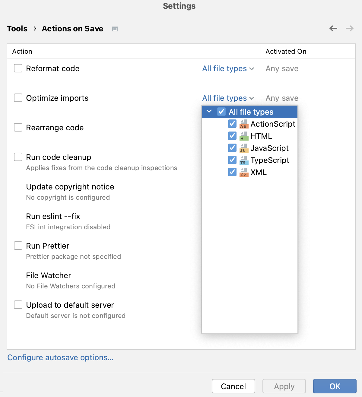 Automatically optimize imports on save: specify file types