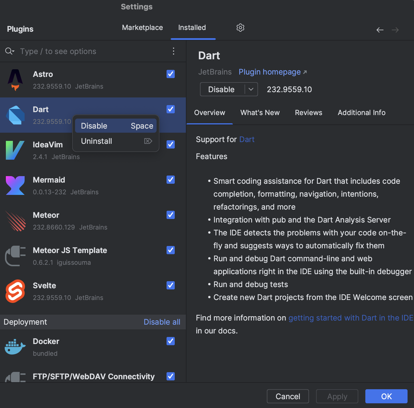 Disabling an installed plugin
