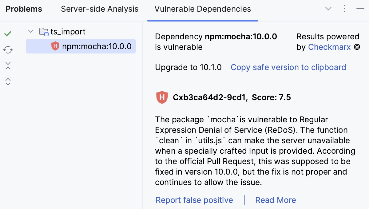 Problems tool window: Vulnerable Dependencies tab