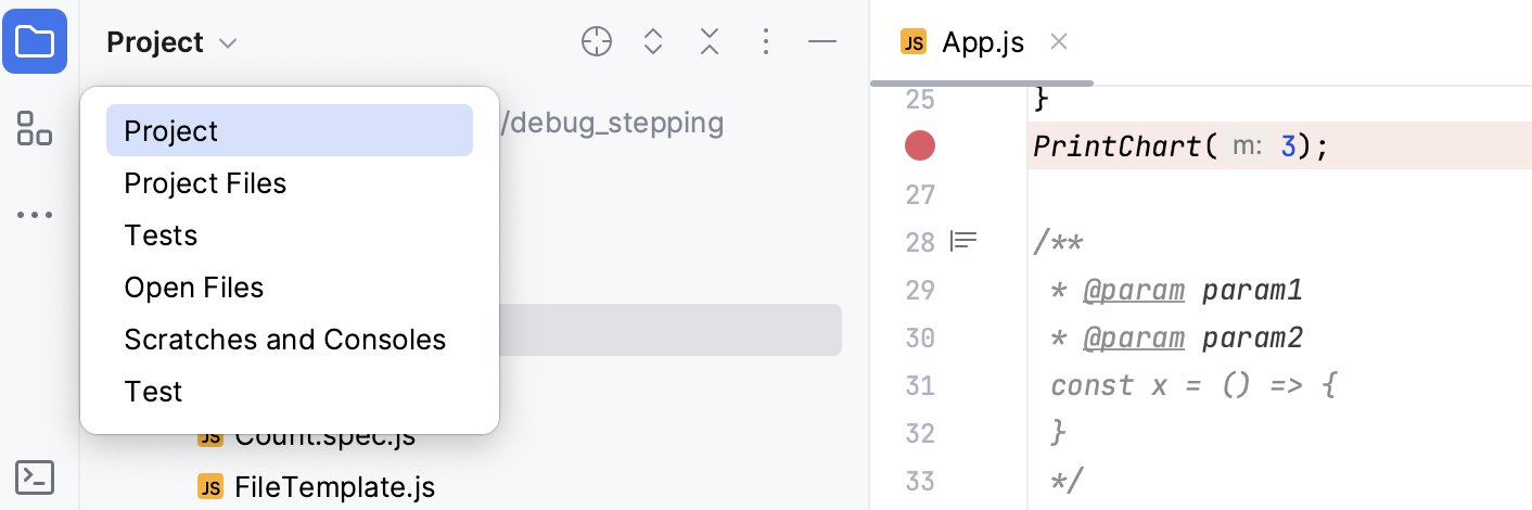 WebStorm: choosing a view in the Project tool window