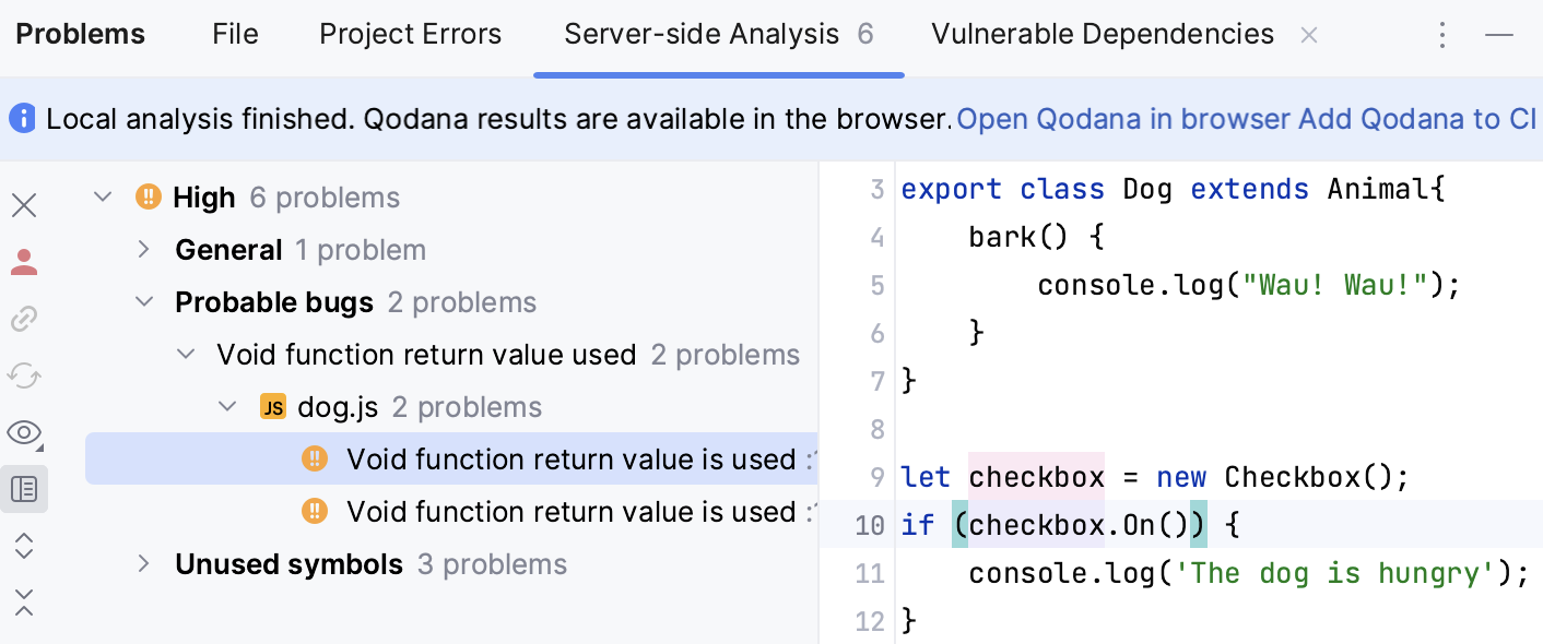 WebStorm: Qodana inspection results in the Problems window