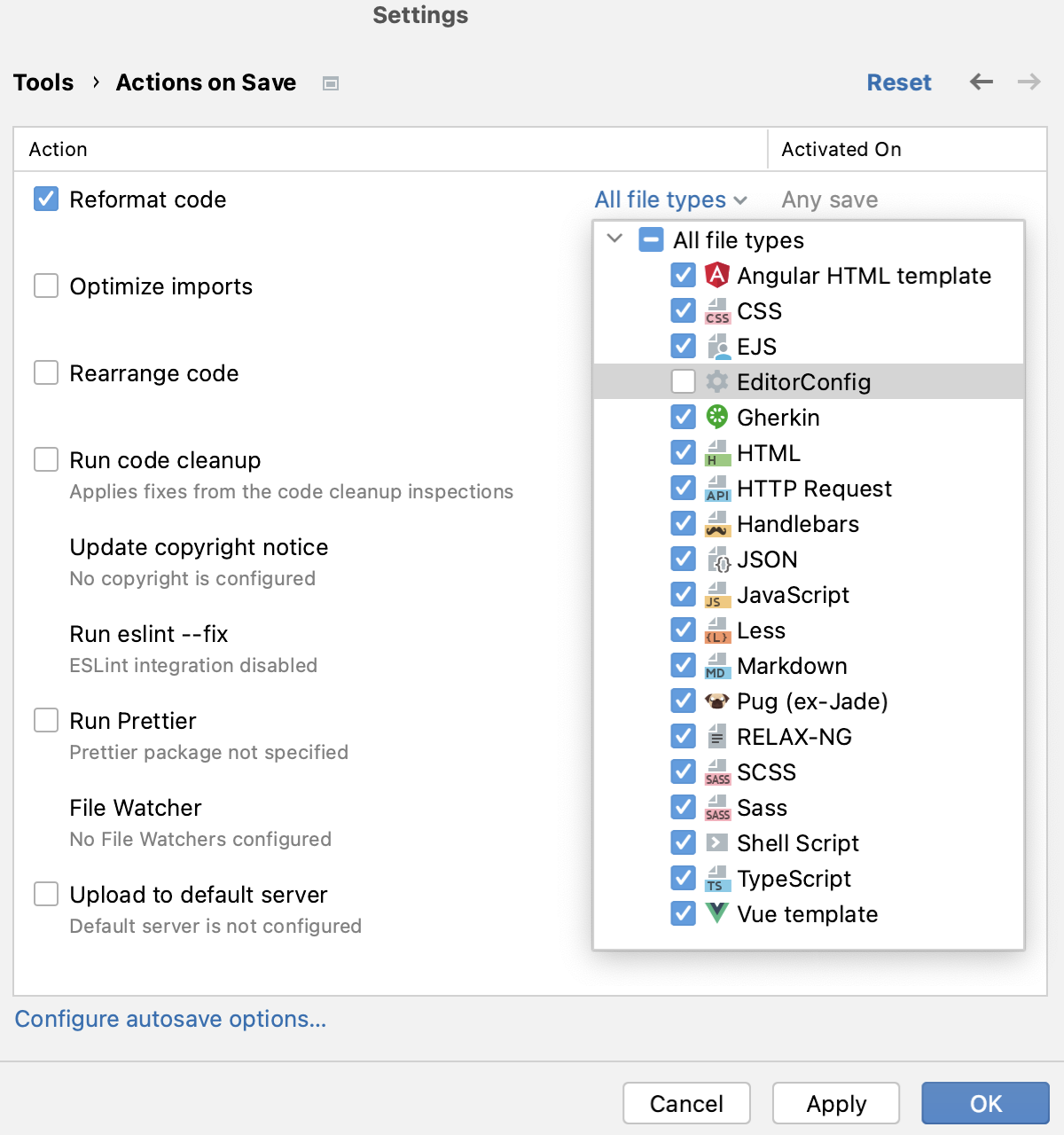 Reformat on save: specify file type