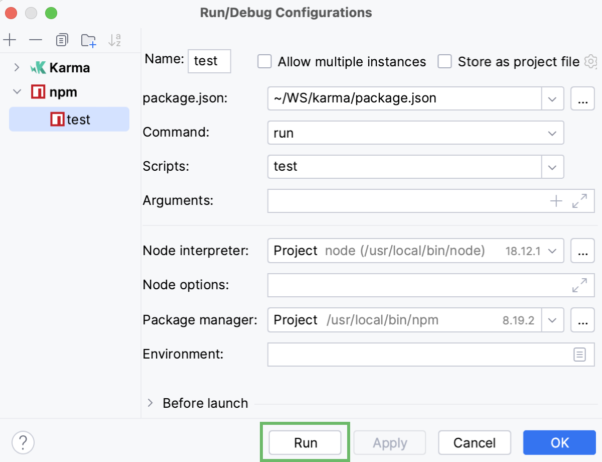 Run/debug configuration: the Run button