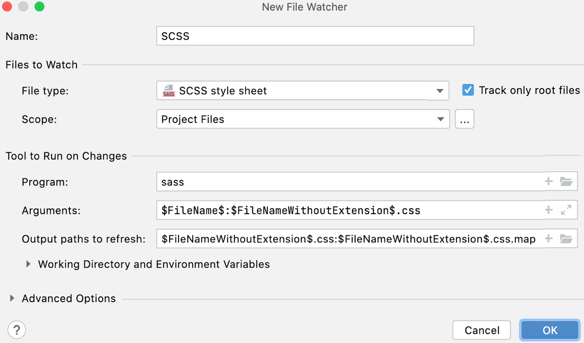 SCSS File Watcher: settings