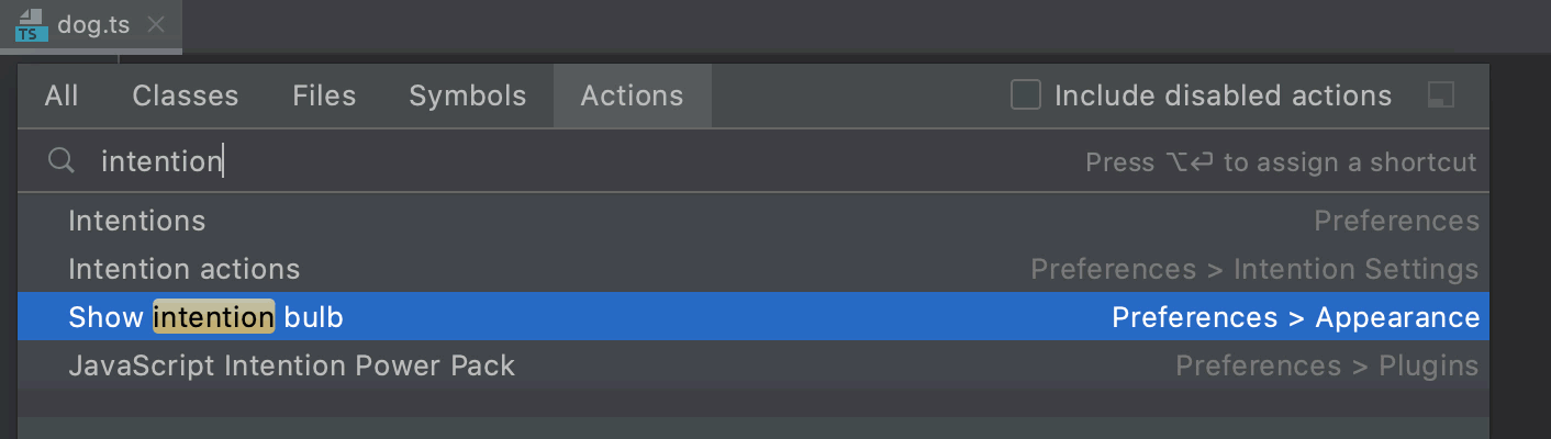 Searching for actions and opening Settings