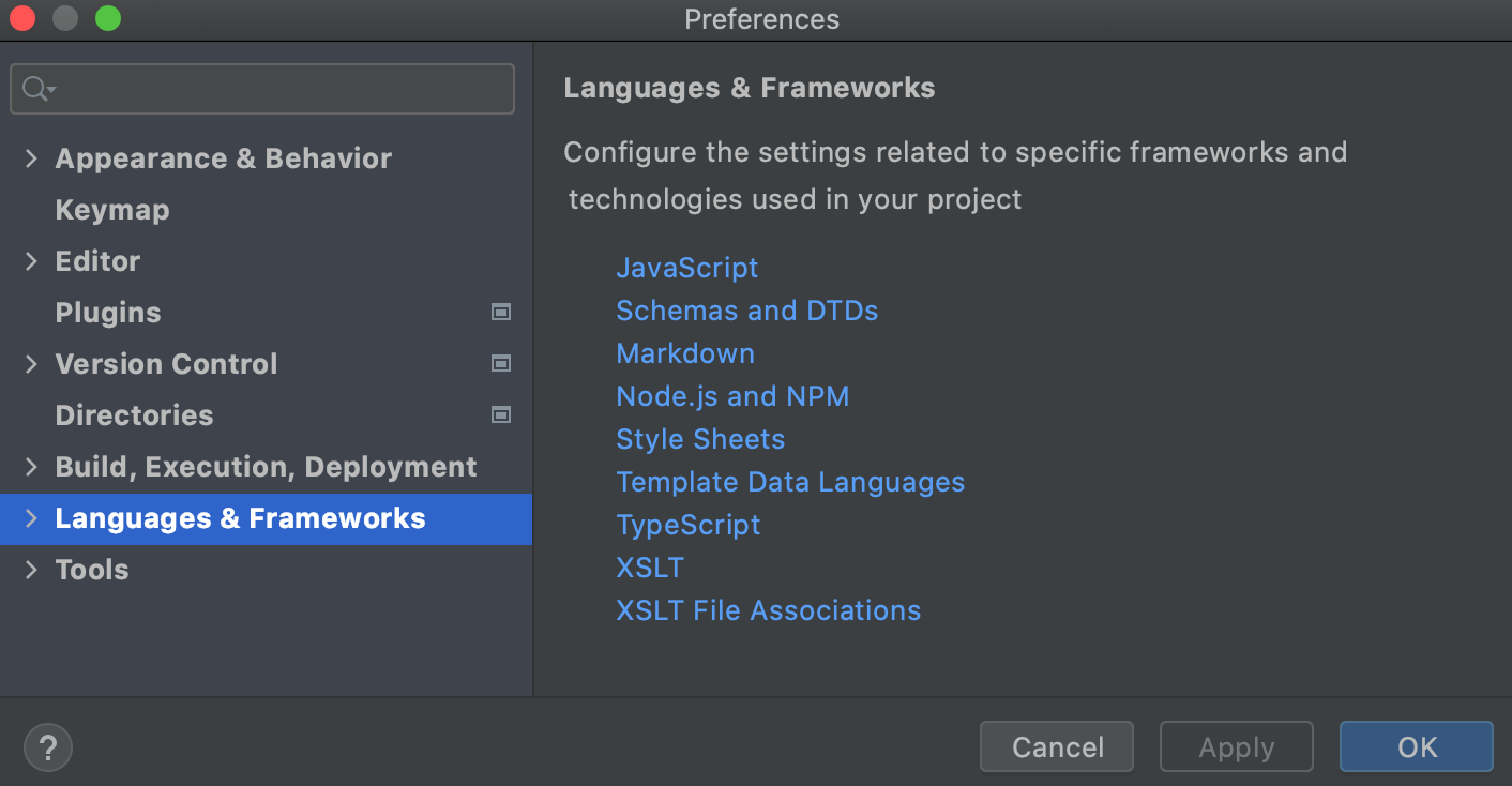 Settings: Languages and Frameworks