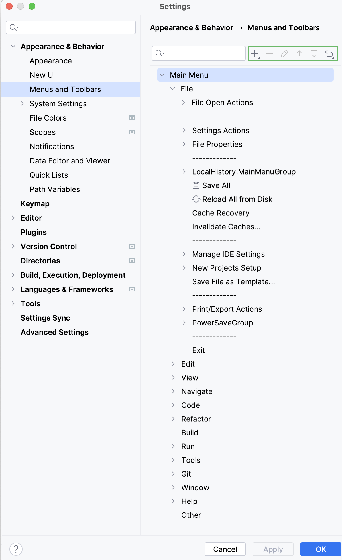 The Menus and Toolbars settings