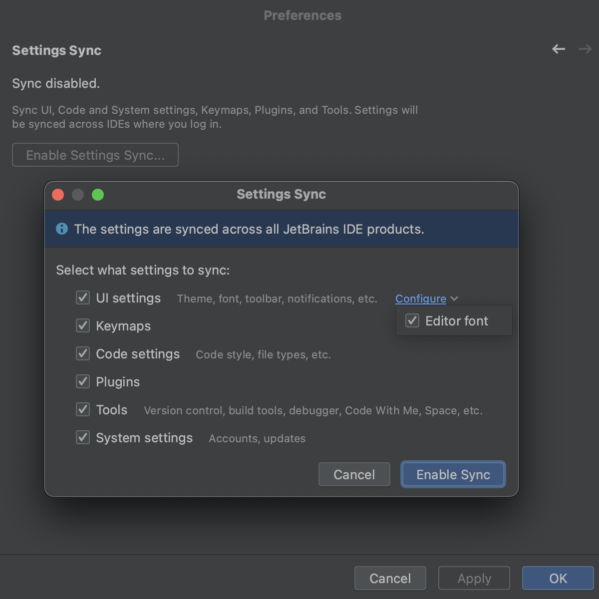 The Settings Sync window: no synced settings