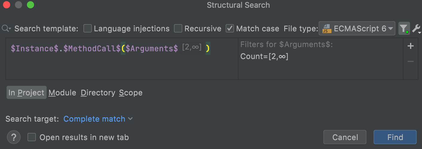 Search template for method call with a count filter