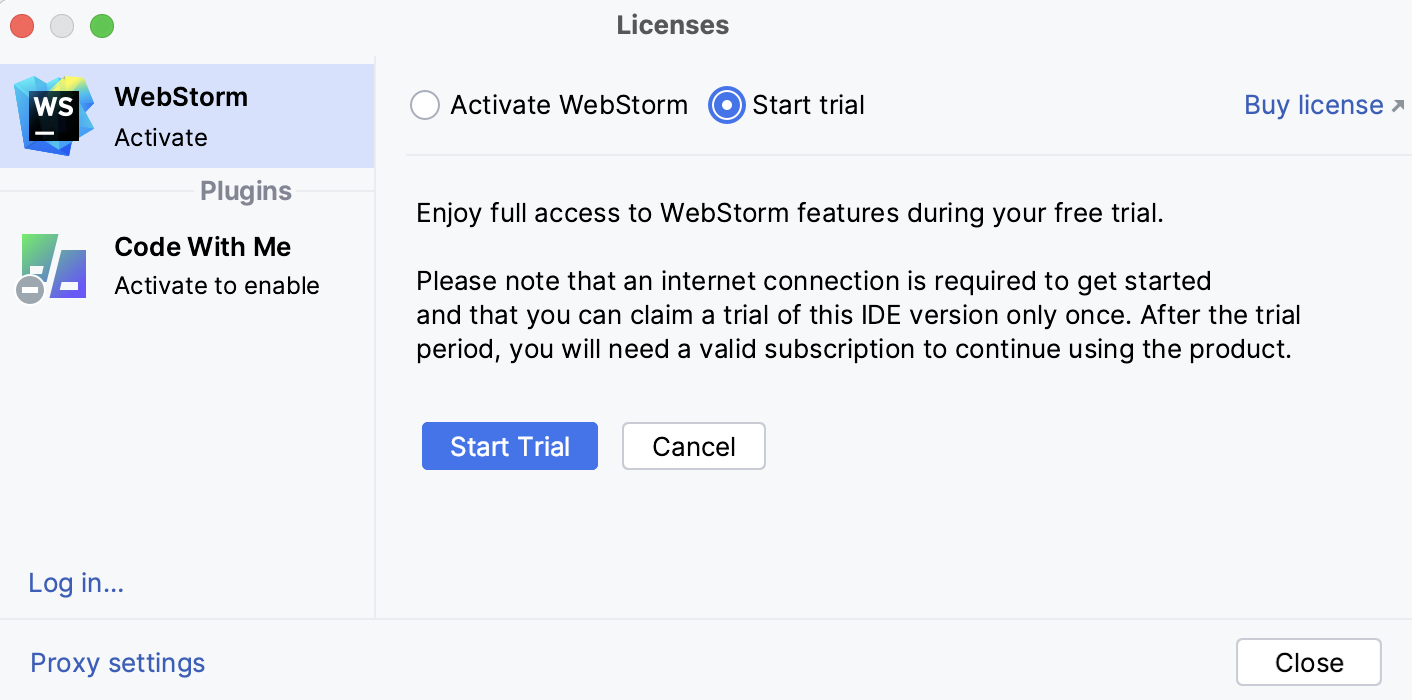 Start trial without a JetBrains account