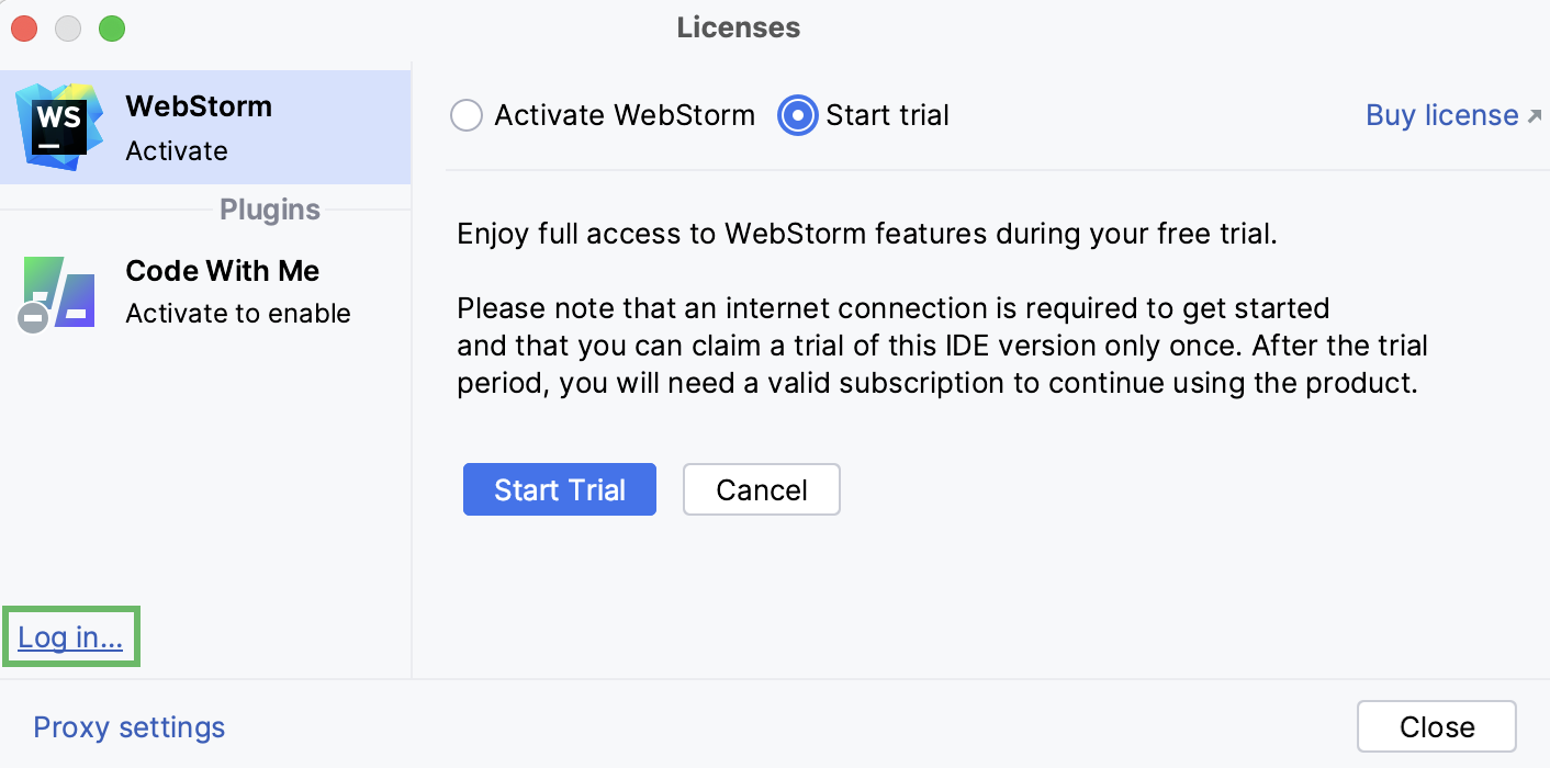 Log in to JetBrains account to start trial version
