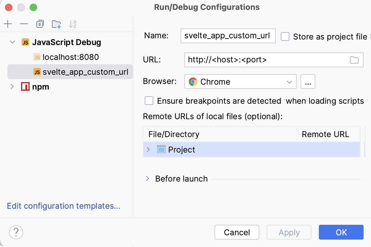 Svelte app: create a run/debug configuration