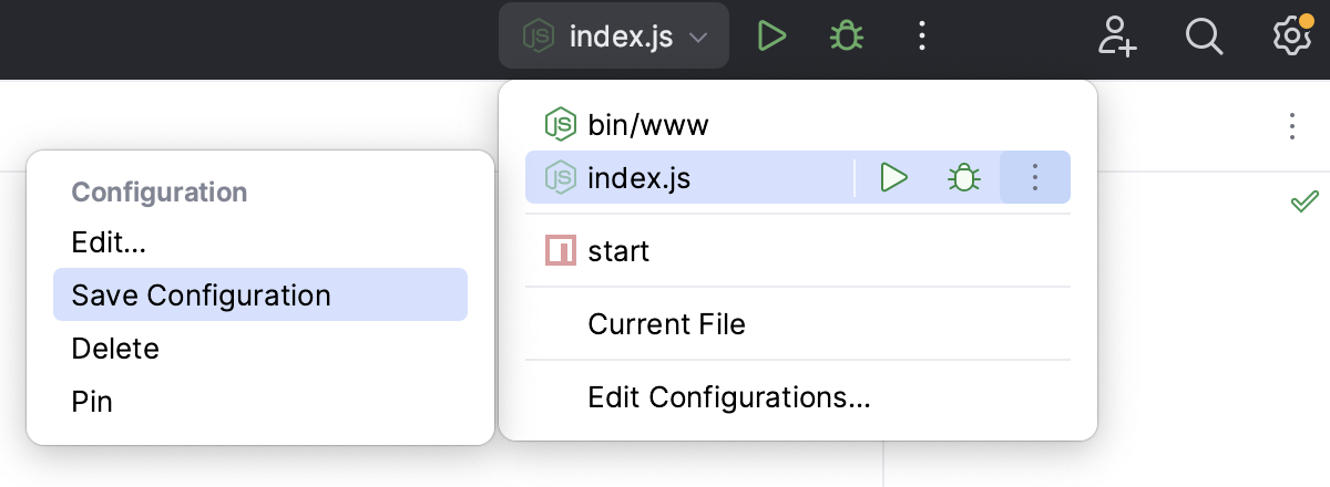 Run/Debug configuration selector: Save configuration