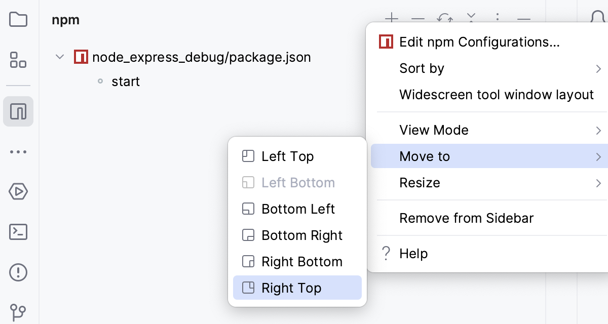 Tool window options menu: Move to