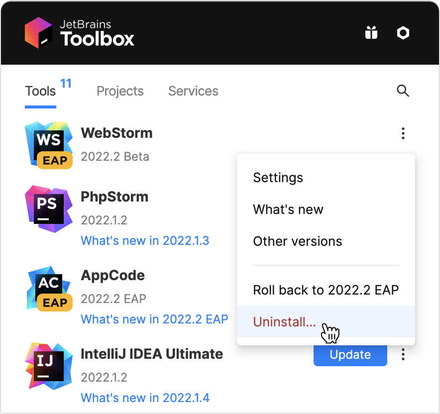 Uninstalling WebStorm through the Toolbox App