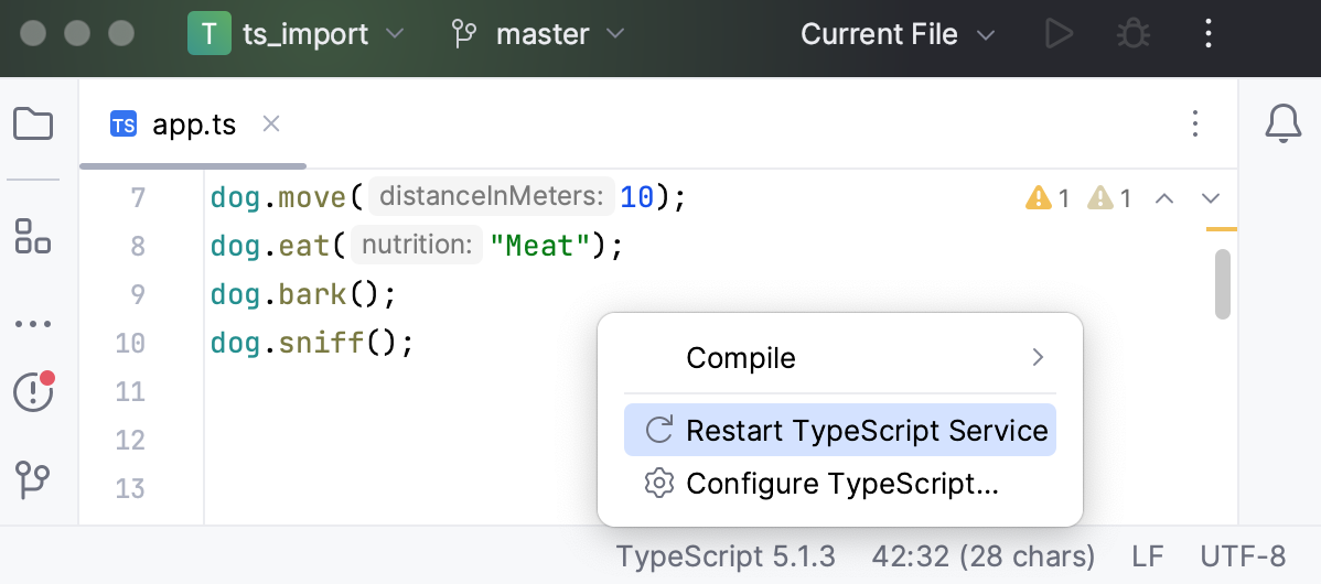 TypeScript widget on the Status bar: restart the TypeScript Language service