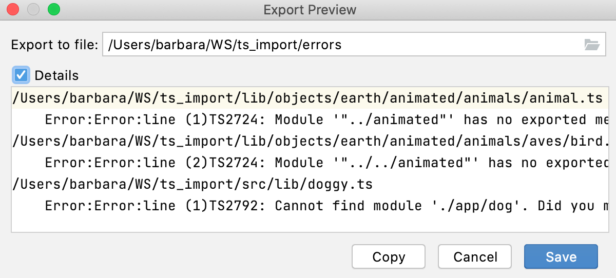 TypeScript tool window: Export Preview