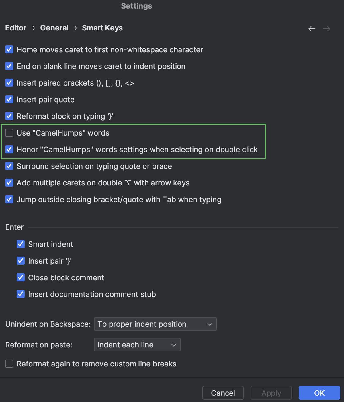 CamelHumps woeds settings