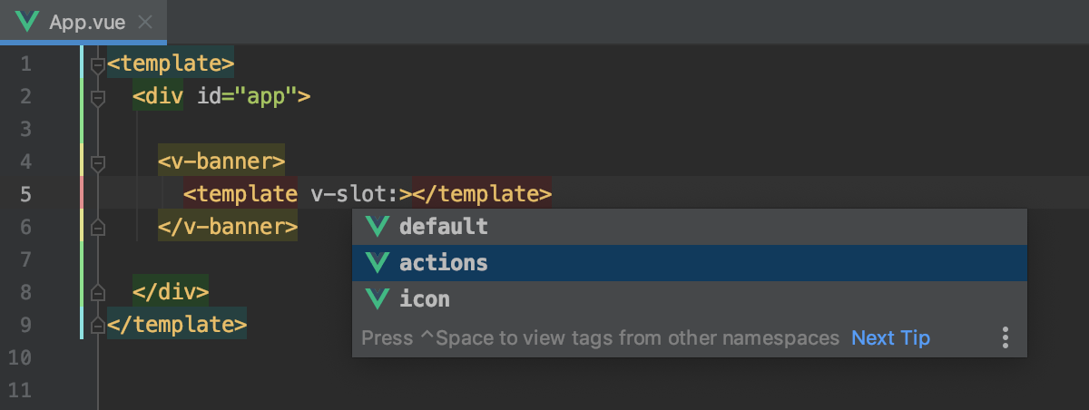 Completion for named Vue.js slots from library components