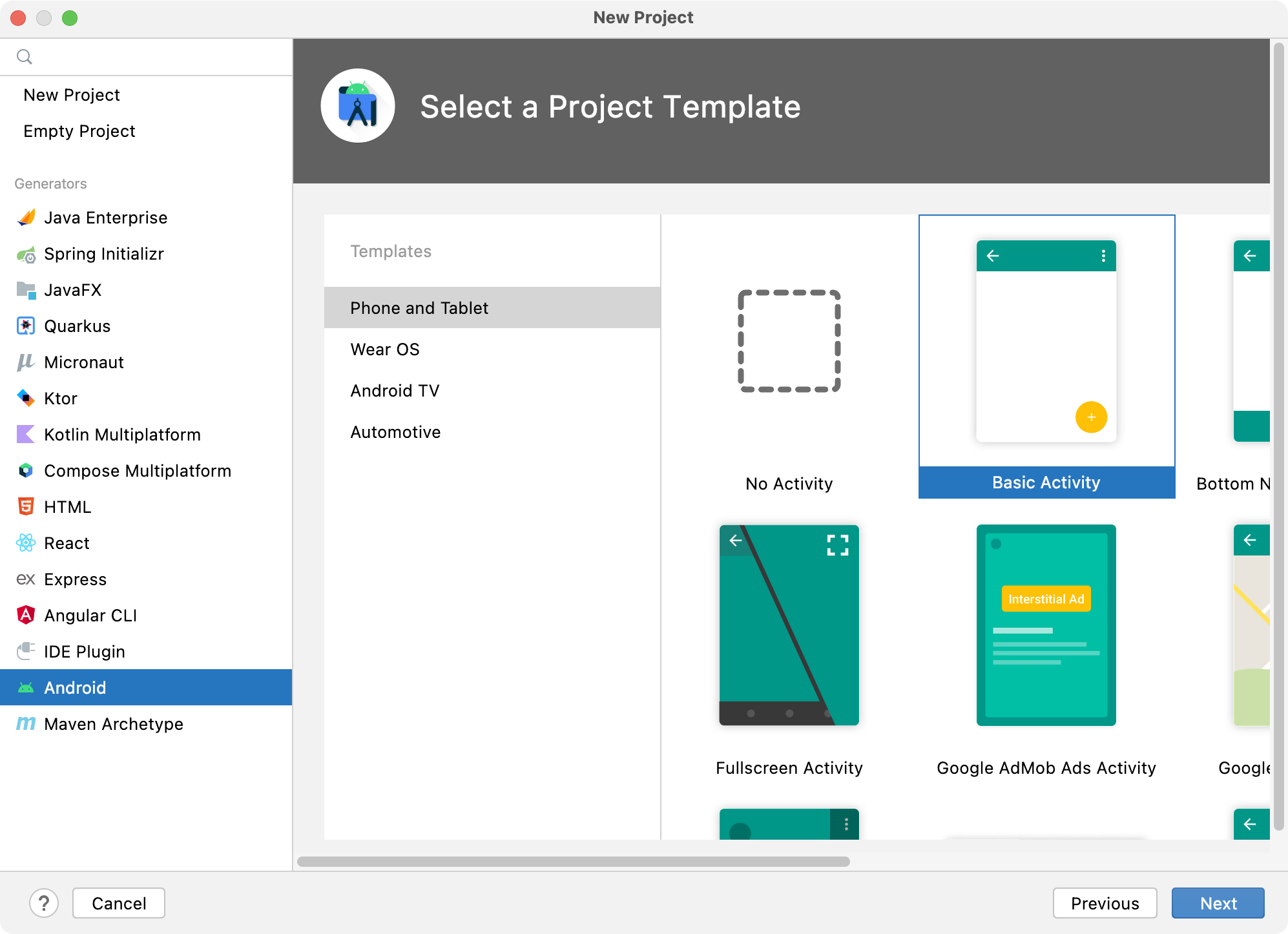 The New Project wizard: step five