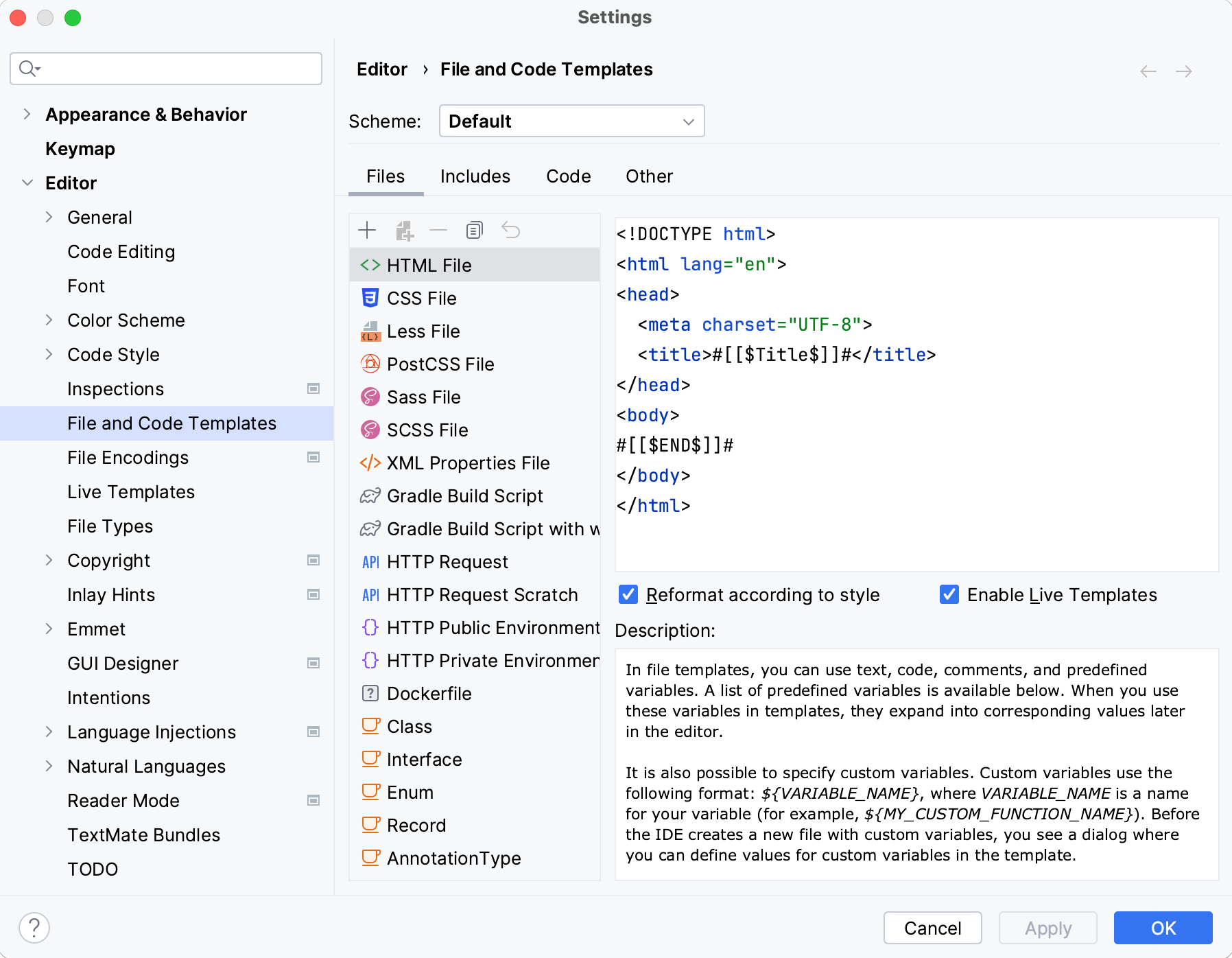 The File and Code Templates settings