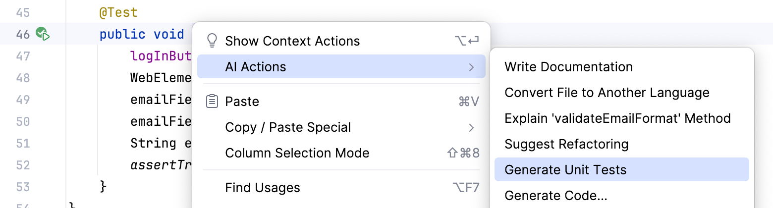 Generate Unit Tests action in context menu