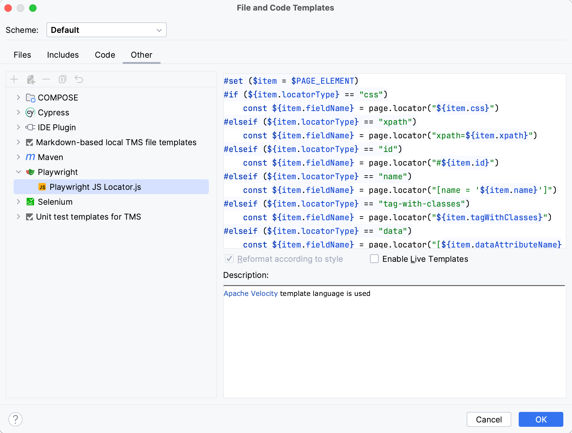 The File and Code Templates dialog