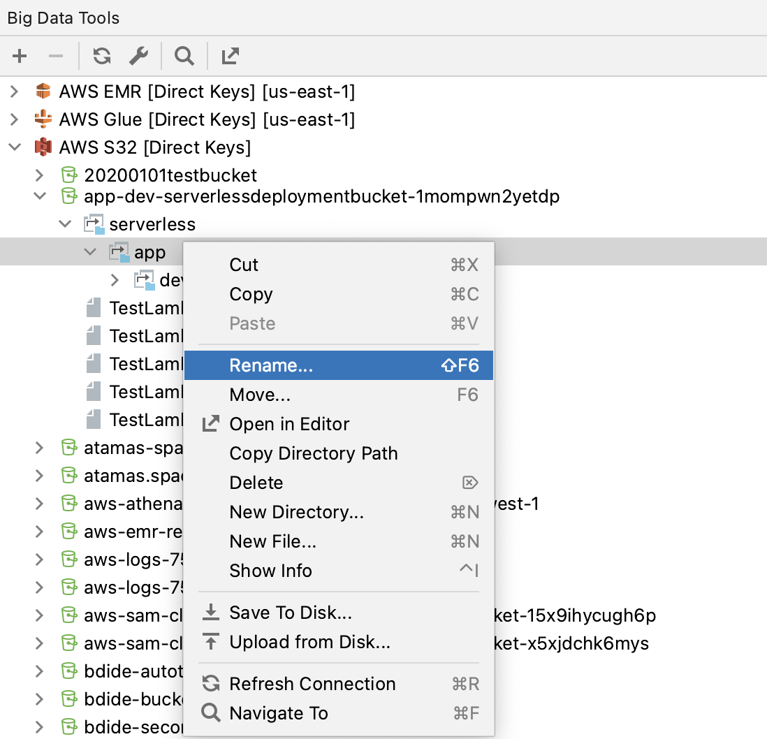 Context menu in the Big Data Tools tool window