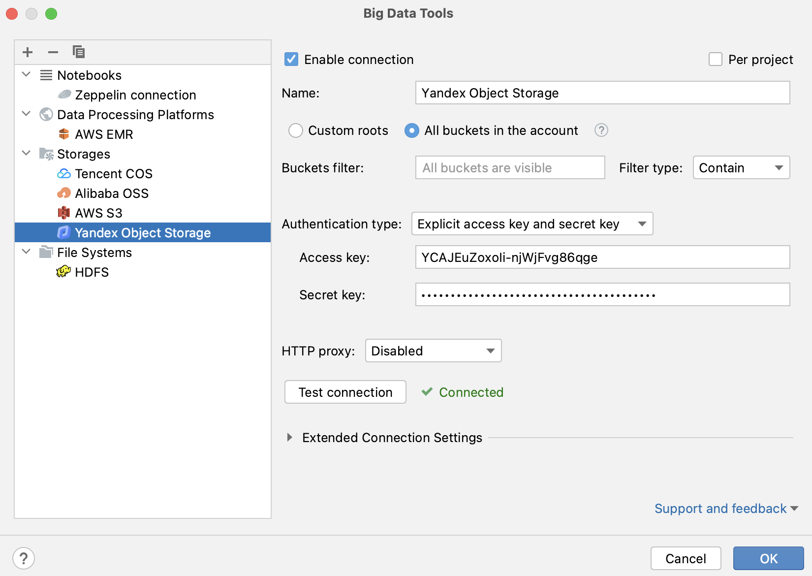 Connection settings for Yandex Object Storage