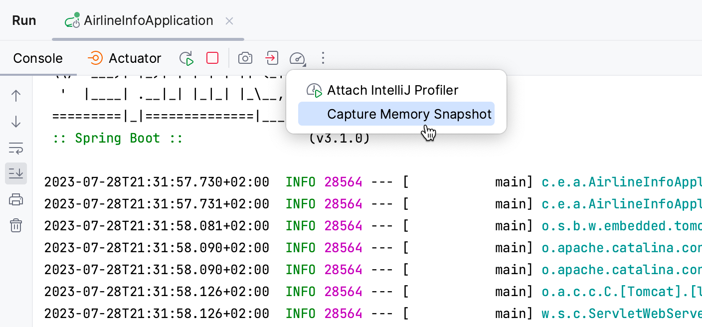 Profile the Process menu in the Run tool window