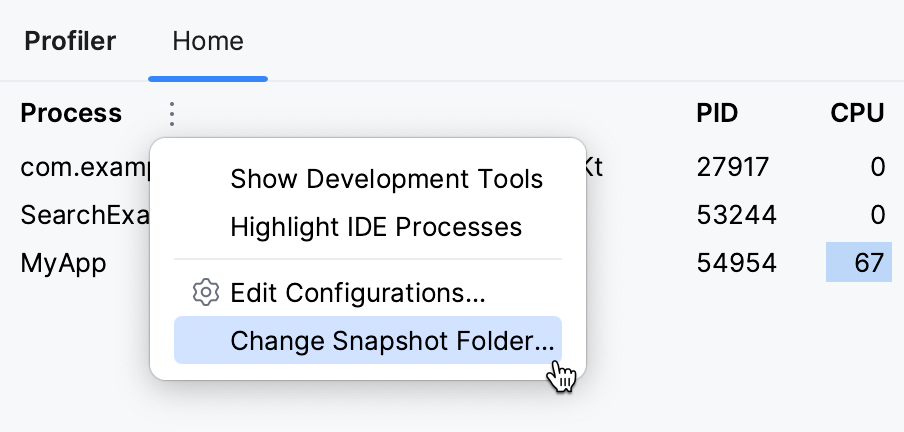 Change Snapshot Folder item in the More menu