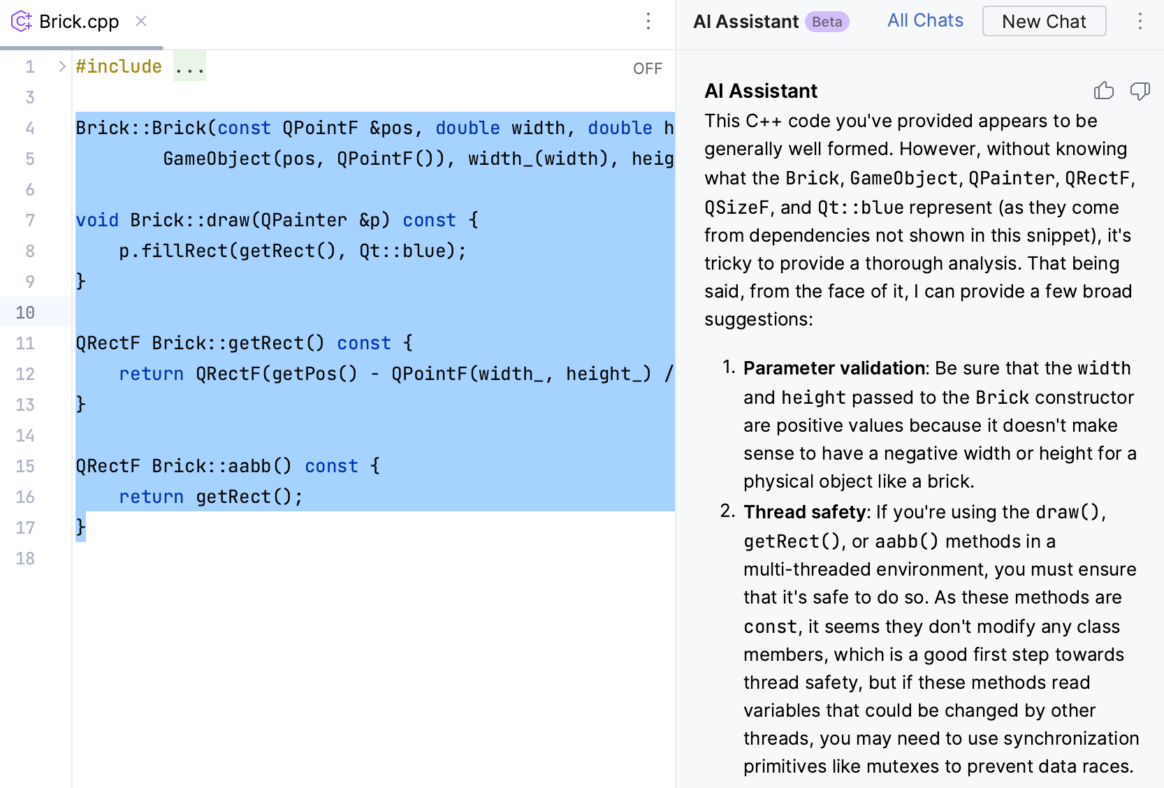 CLion: AI Assistant finds potential problems in the selected code