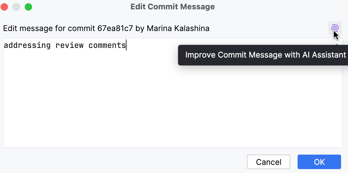 Dialog with an old commit message and the AI Assistant icon