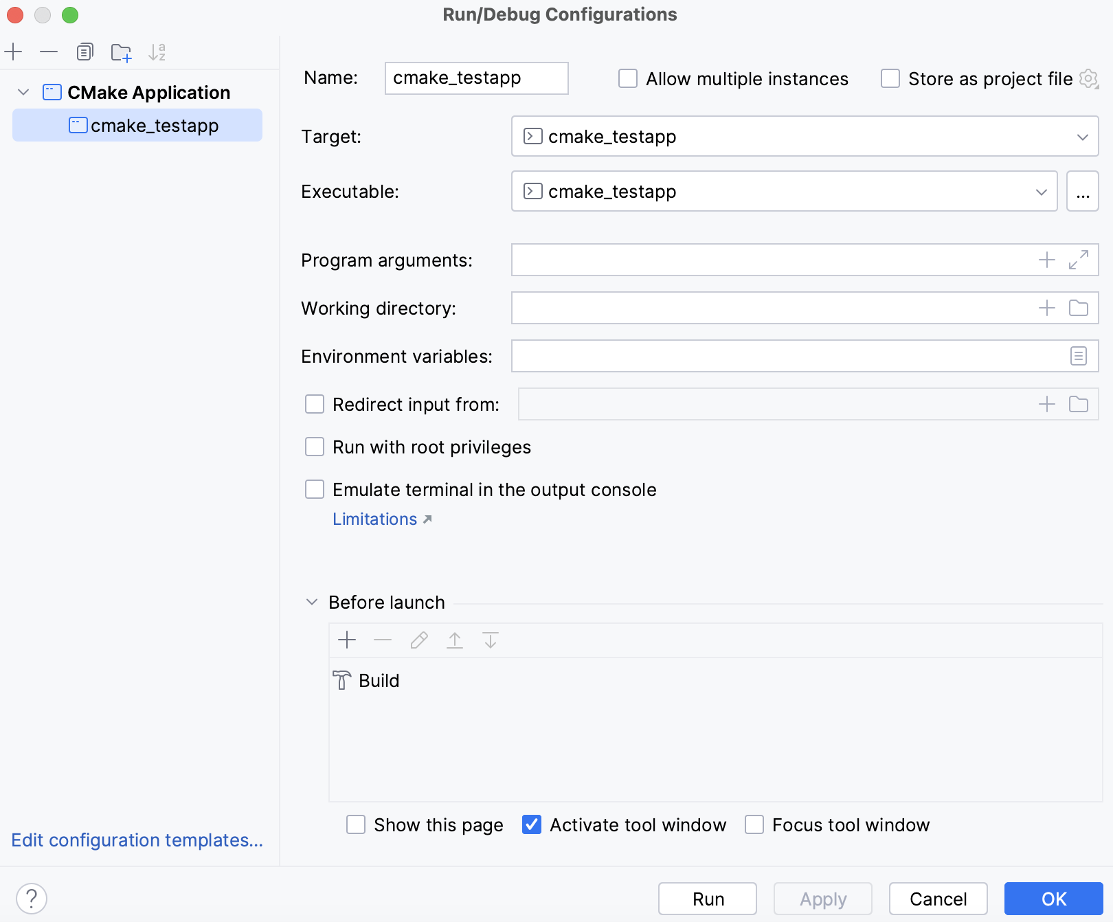 Details of the default configuration for a new CMake project